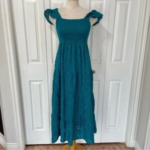 Dark Teal Green Lovestitch Eyelet Maxi, Smocked Chest, Empire Waist Dress Large